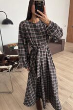 Beli Bağlamalı Ekose Elbise Antrasit - Görsel 2