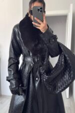 Yakası Kürklü Rugan Deri Kaban Siyah - Görsel 2