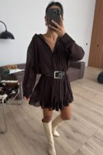 Kalın Kemerli Şifon Elbise Kahverengi - Görsel 2