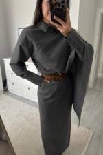 Manşet Kol Yakası Şallı Gömlek Etek Takım Antrasit - Görsel 3