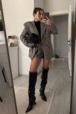 Vatkalı Kazayağı Şortlu Ceket Takım Kahverengi