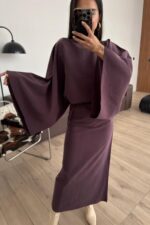 Massi Geniş Kollu Belden Bağlamalı Elbise Mürdüm - Görsel 2