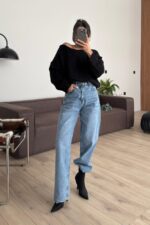 Paçası Yırtık Ballon Mavi Yıkamalı Jean