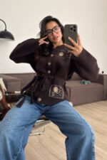 Çiçek Nakışlı Beli Bağlamalı Hırka Kahverengi