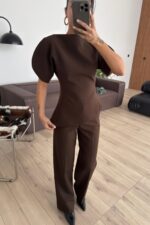 Asimetrik Belden Oturtmalı Pantolon Takım Kahverengi - Görsel 3