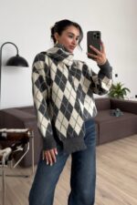 Atkılı Polo Yaka Baklava Desenli Kazak Gri