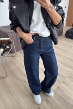 Ekose Desenli Wide Leg Lacivert Jean - Görsel 2