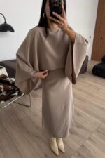 Massi Geniş Kollu Belden Bağlamalı Elbise Taş - Görsel 2