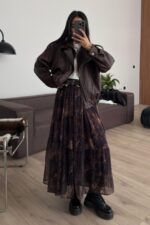 Kemerli Desenli Şifon Etek Kahverengi - Görsel 3