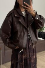 Luxury Yılan Derisi Deri Ceket Kahverengi - Görsel 4