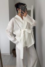 Gofre Kumaş Kimono Takım Beyaz - Görsel 2