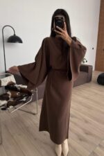 Massi Geniş Kollu Belden Bağlamalı Elbise Kahverengi - Görsel 2