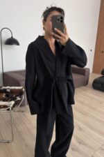 Gofre Kumaş Kimono Takım Siyah - Görsel 2