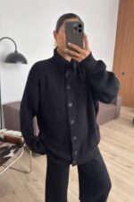 Düğmeli Dik Yaka Triko Takım Siyah - Görsel 2