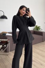 Önü Bağlamalı Pileli Takım Siyah - Görsel 2