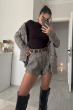 Vatkalı Kazayağı Şortlu Ceket Takım Kahverengi - Görsel 3