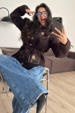 Çiçek Nakışlı Beli Bağlamalı Hırka Kahverengi - Görsel 2