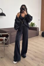 Kadife Hırka Crop Pantolon Takım Füme