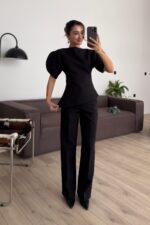 Asimetrik Belden Oturtmalı Pantolon Takım Siyah