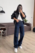 Ekose Desenli Wide Leg Lacivert Jean
