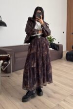 Kemerli Desenli Şifon Etek Kahverengi - Görsel 2