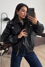 Luxury Yılan Derisi Deri Ceket Siyah - Görsel 2