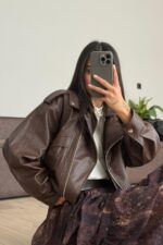 Luxury Yılan Derisi Deri Ceket Kahverengi - Görsel 3