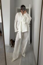 Gofre Kumaş Kimono Takım Beyaz