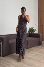 Boyundan Bağlamalı Puantiyeli Saten Saten Elbise