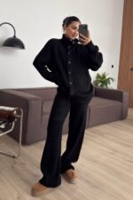 Düğmeli Dik Yaka Triko Takım Siyah