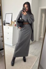 Manşet Kol Yakası Şallı Gömlek Etek Takım Antrasit - Görsel 2