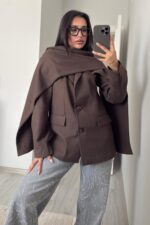 Çizgili Şallı Blazer Ceket Kahverengi