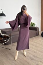 Massi Geniş Kollu Belden Bağlamalı Elbise Mürdüm