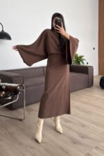 Massi Geniş Kollu Belden Bağlamalı Elbise Kahverengi