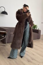 Şal Yaka Bağlamalı Uzun Kürk Kahverengi