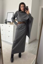 Manşet Kol Yakası Şallı Gömlek Etek Takım Antrasit