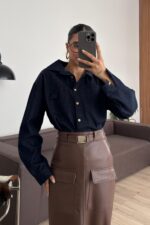 Gold Düğmeli Denim Lacivert Gömlek