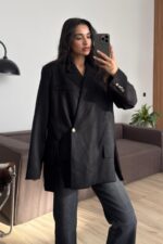 Önü Yırtmaçlı Keten Blazer Ceket Siyah