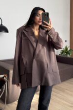 Önü Yırtmaçlı Keten Blazer Ceket Kahverengi