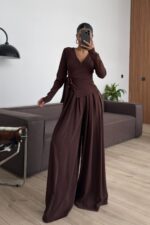 Kruvaze Yaka Bağlamalı Crep Pantolon Takım Kahverengi