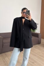 Kuşaklı V Yaka Ceket Siyah - Görsel 2