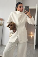 Çizgili Şallı Ceket Pantolon Takım Ekru - Görsel 3