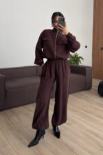 Beli Ayarlanabilir Hırka Şalvar Pantolon Takım Kahverengi