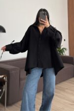Kolları Ayarlanabilir Oversize Gömlek Siyah - Görsel 2