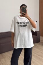Oversize Önü Baskılı Tişört Beyaz - Görsel 2