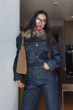 Yakası Kürklü Kısa Denim Ceket Lacivert - Görsel 2