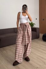 Ekoseli İki Parça Pantolon Kırmızı