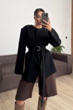 Kemerli Yakasız Blazer Ceket Siyah