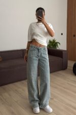 Kareli Püsküllü Wide Leg Mavi Jean
