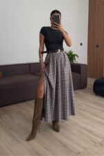 Kemerli Yırtmaçlı Ekose Etek Gri